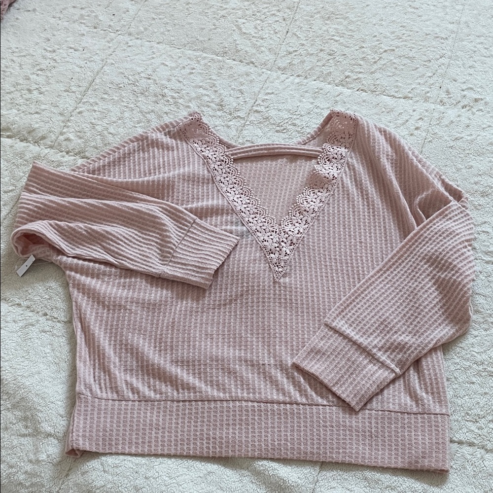 🤍🩰 MyStyle Light Pink Textured Knit Lace Back V-Neck Sweater XL